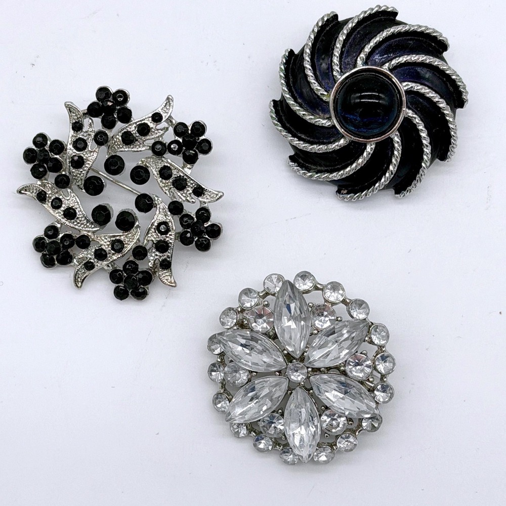 Vintage Brooch Lot 3 Avon‎ Rhinestone Floral Black Silver Navy Tone Pins